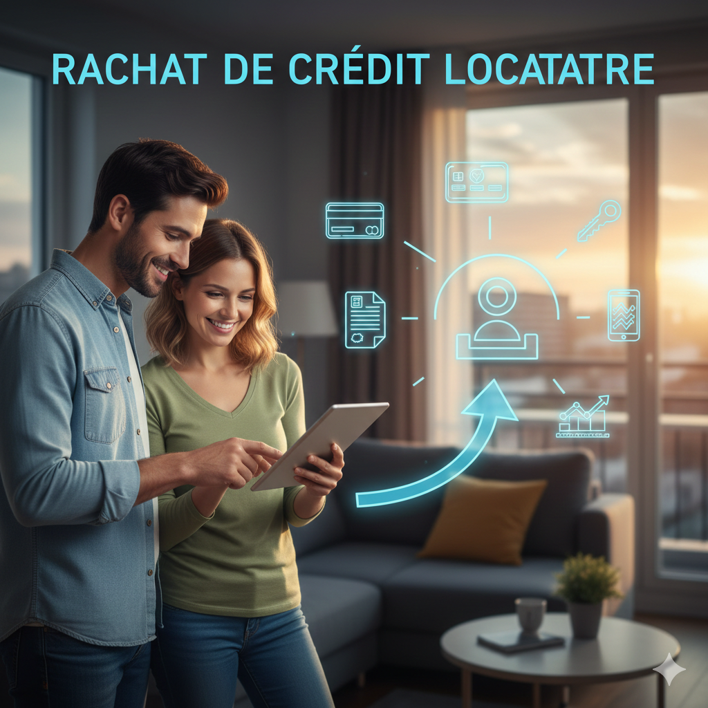 Couple effectuant une simulation de rachat de crédit locataire sur une tablette.